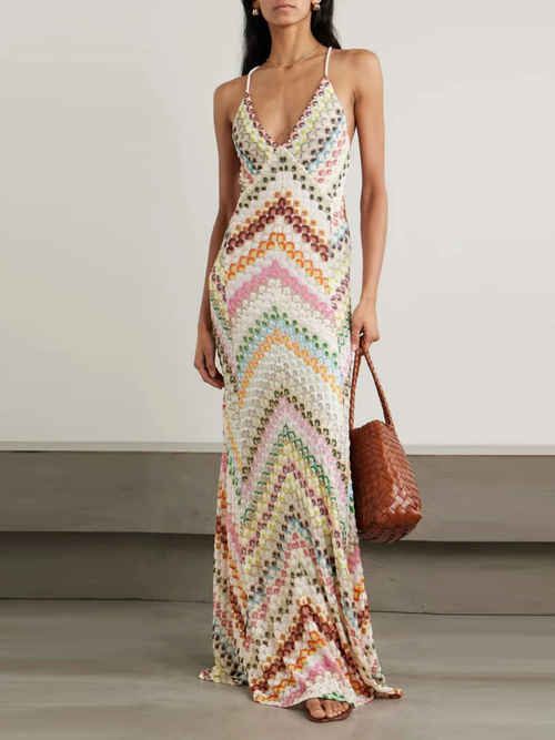 Beiges Boho-Maxikleid: Elegantes Wellenmuster, V-Neck & Halterneck S-XL