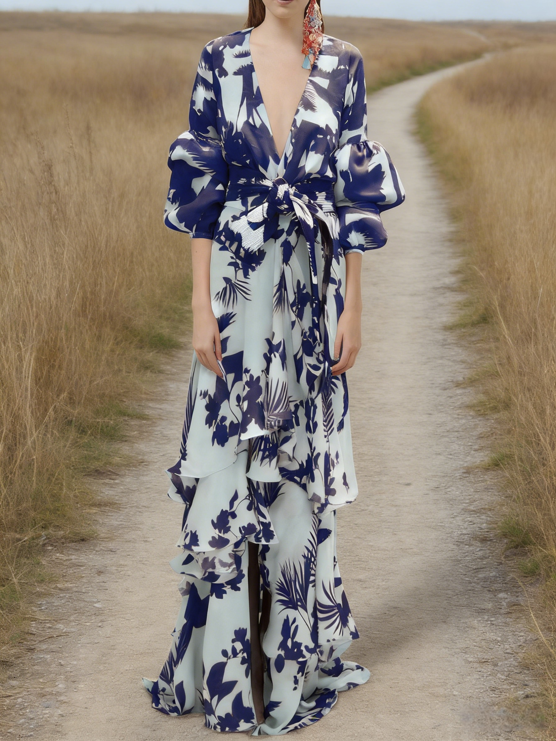 Damen Boho-Maxikleid Hellblau: Elegantes Urlaubskleid mit Blumenprint & V-Ausschnitt, Asymmetrisches Volantkleid mit Bindegürtel, Frühling/Sommer S-2XL