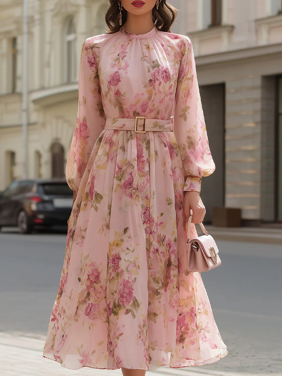 Damen Maxikleid Rosa: Elegantes Geblümtes Chiffonkleid, Langarm, Chic S-2XL