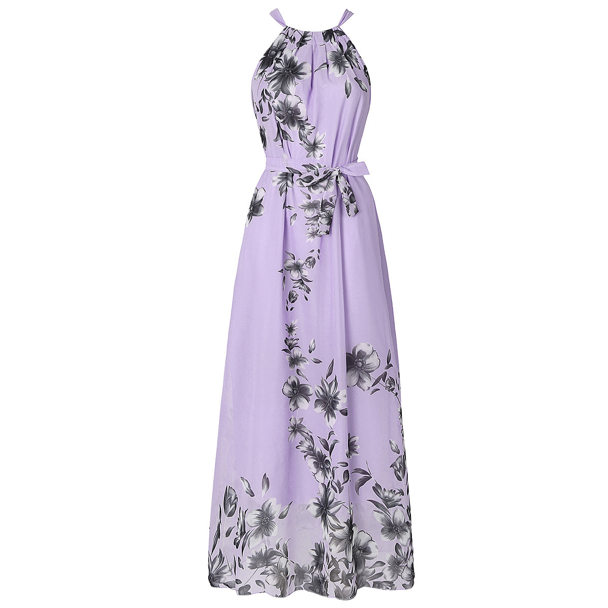 Lila Boho-Maxikleid: Chiffon, Floral-Print, V-Ausschnitt & Urlaubs-Look S-5XL