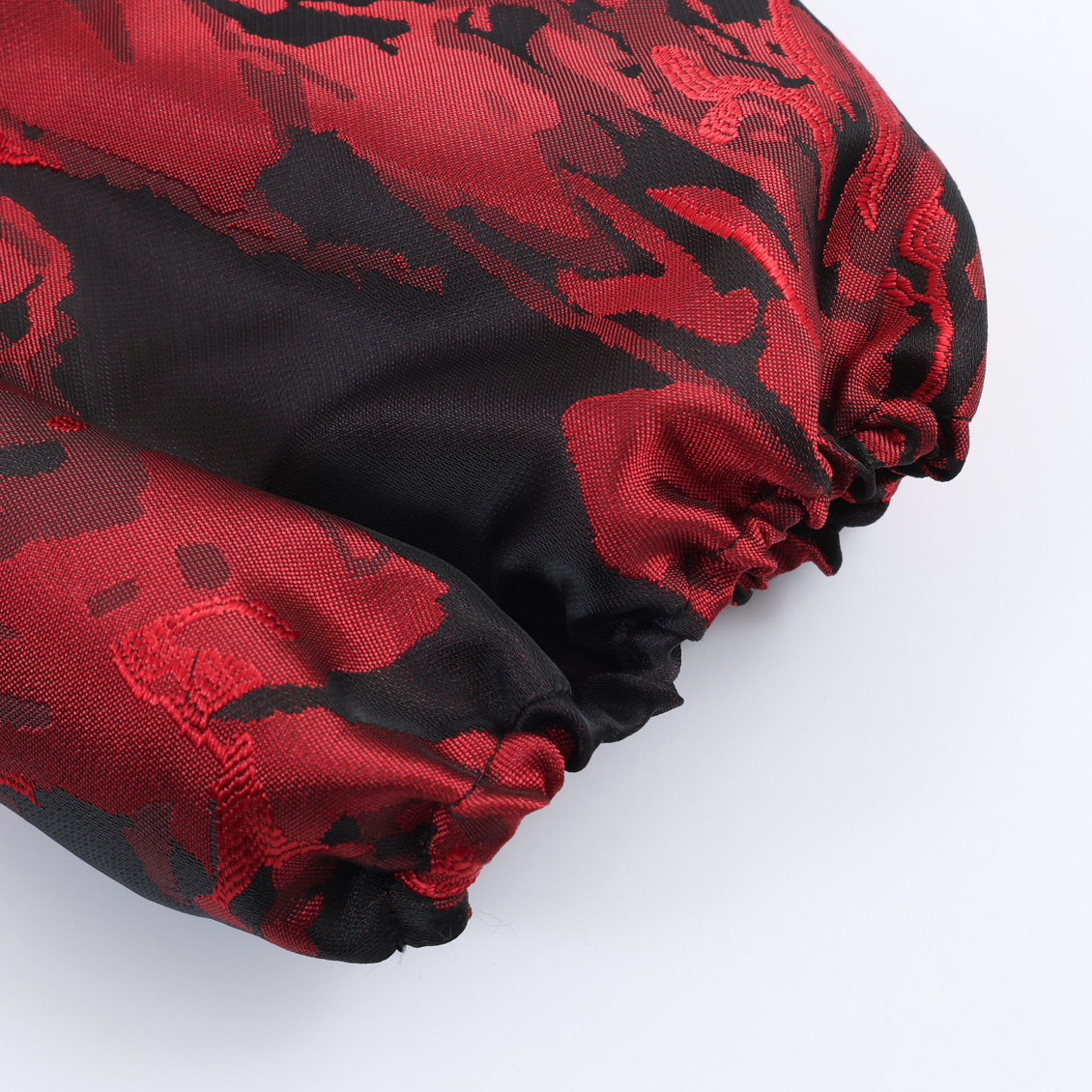 Dunkelrotes Jacquard-Kleid: V-Ausschnitt, Puffärmel & Edler Vintage-Stil S-XL