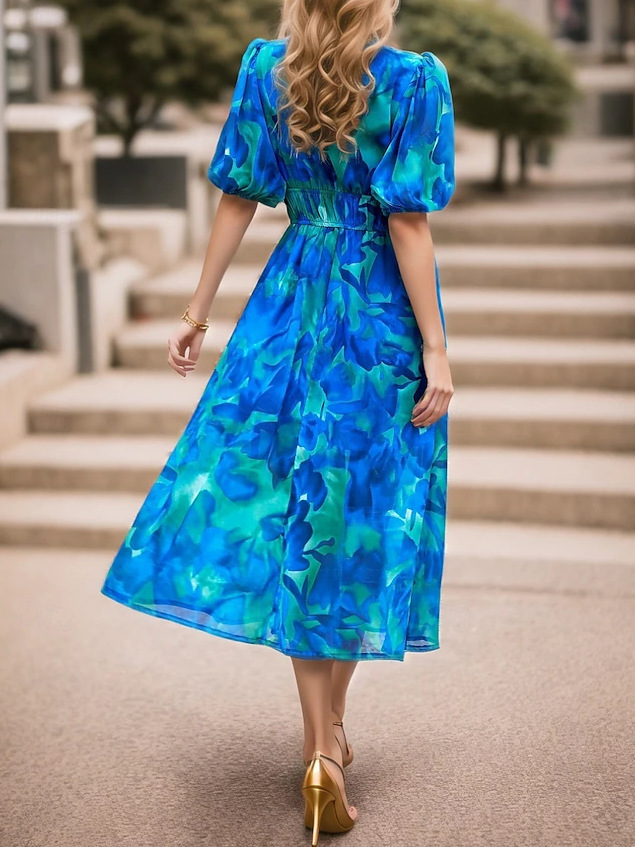 Blaues Maxikleid: Floraler Print, V-Ausschnitt & elegante Puffärmel S-2XL