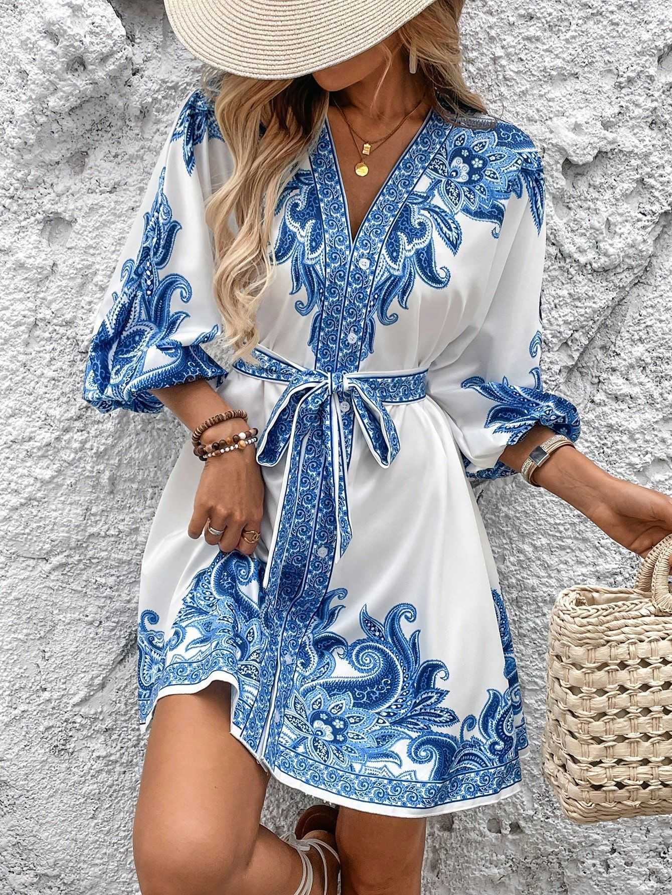 Damen Boho Kleid Blau-Weiß: Elegantes V-Ausschnitt Paisley Printkleid, Tailliertes A-Linie Sommerkleid mit 3/4 Ärmeln für Freizeit & Urlaub S-2XL