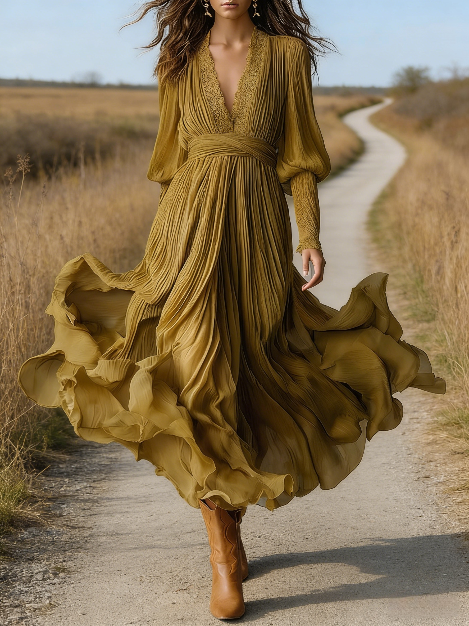 Damen Maxikleid Olivgrün: Elegantes Boho Chiffonkleid mit Plissee & V-Ausschnitt, Vintage Sommerkleid mit Spitze & Laternenärmeln, Frühling/Sommer S-2XL
