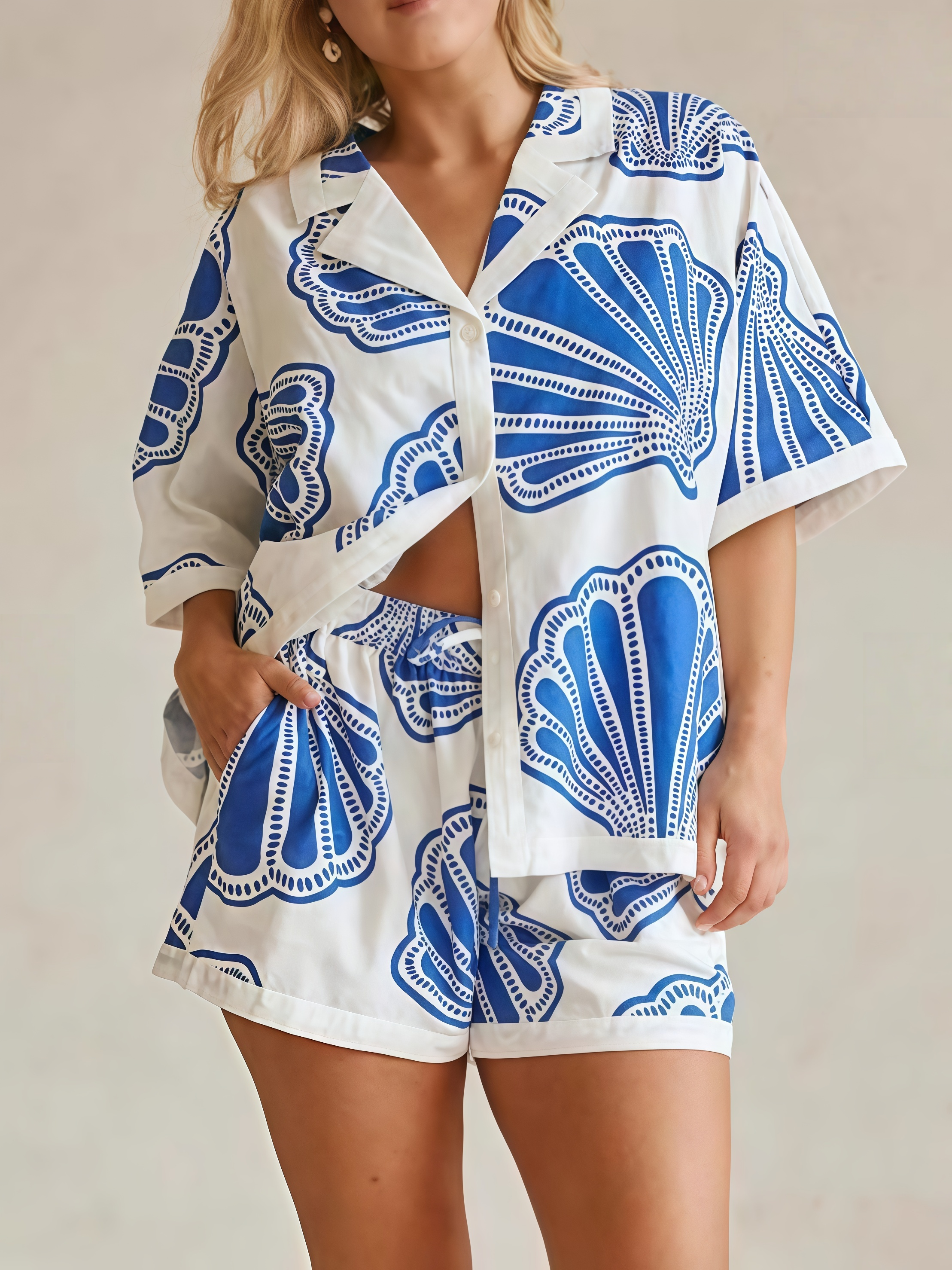 Hellblaues Boho Leinen Set: Kurzarm Hemd & Shorts, Sommer Zweiteiler S-2XL