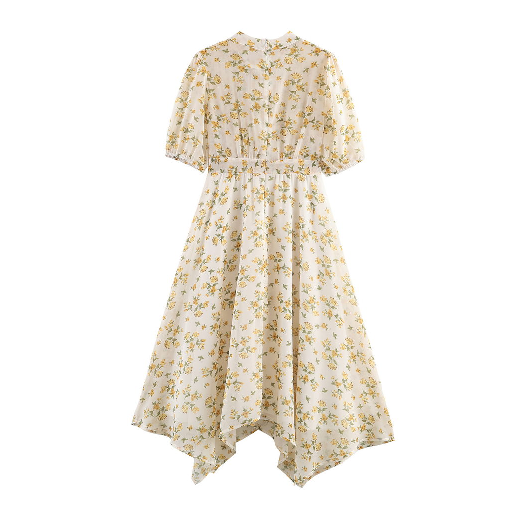 Braunes Midi-Kleid: Blumenmuster, Stehkragen & Asymmetrisches Plissee XS-L