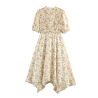 Braunes Midi-Kleid: Blumenmuster, Stehkragen & Asymmetrisches Plissee XS-L