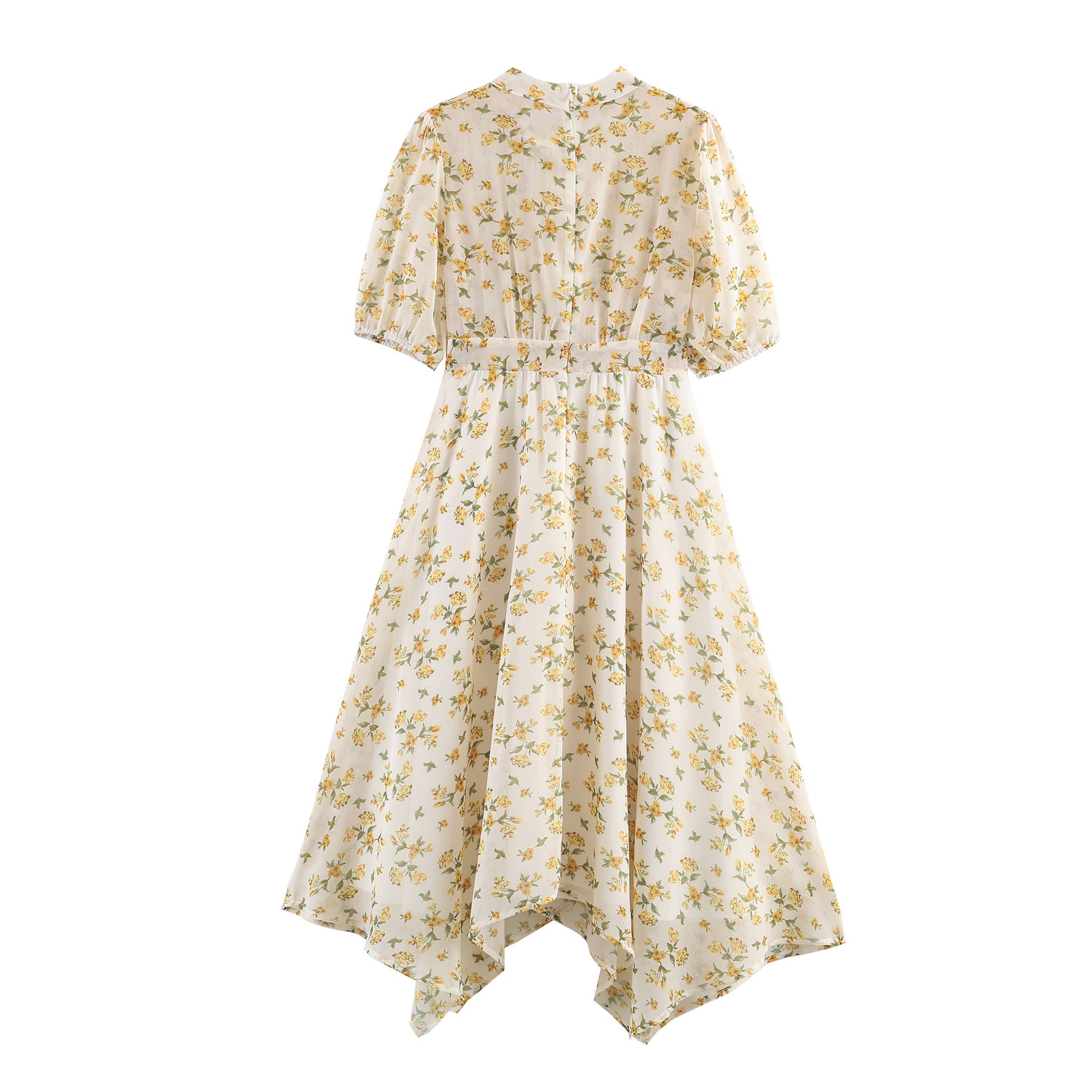 Braunes Midi-Kleid: Blumenmuster, Stehkragen & Asymmetrisches Plissee XS-L