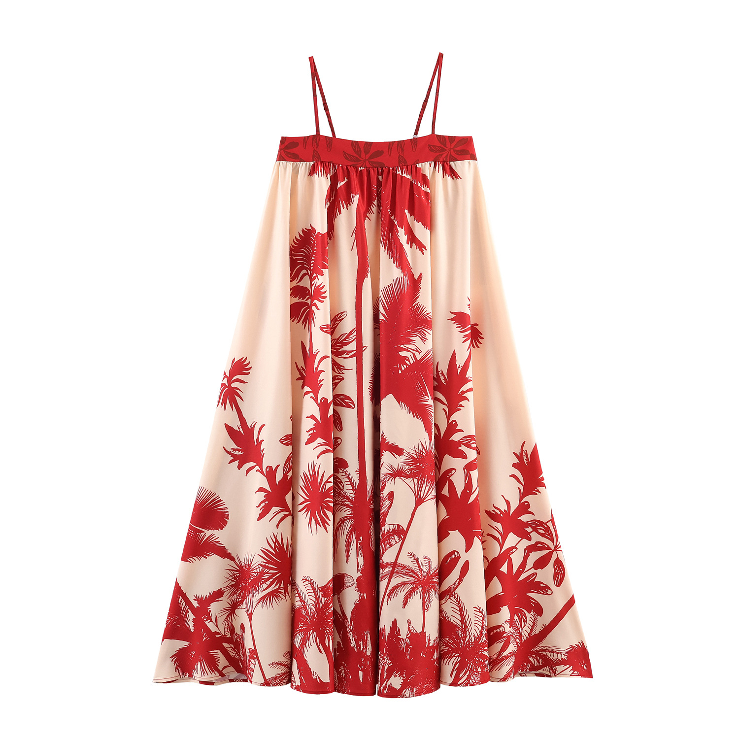 Rotes Maxikleid: Palmen-Print, Weite A-Linie & Spaghettiträger-Look S-XL