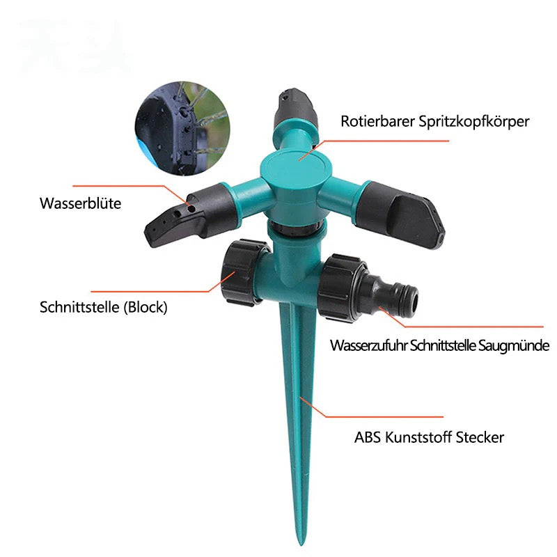 360° drehbarer Gartensprinkler mit Erdspieß – gleichmäßige automatische Bewässerung für Rasen und Beete