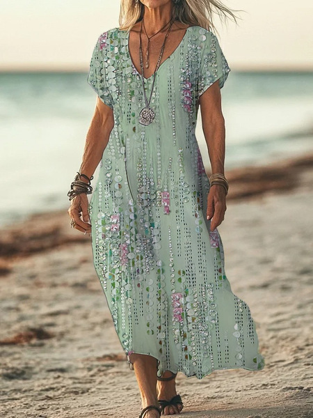 Boho Maxikleid Damen Vintage: Pastellgrün & Punkte, V-Ausschnitt, S-3XL, Ganzjährig