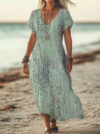 Boho Maxikleid Damen Vintage: Pastellgrün & Punkte, V-Ausschnitt, S-3XL, Ganzjährig