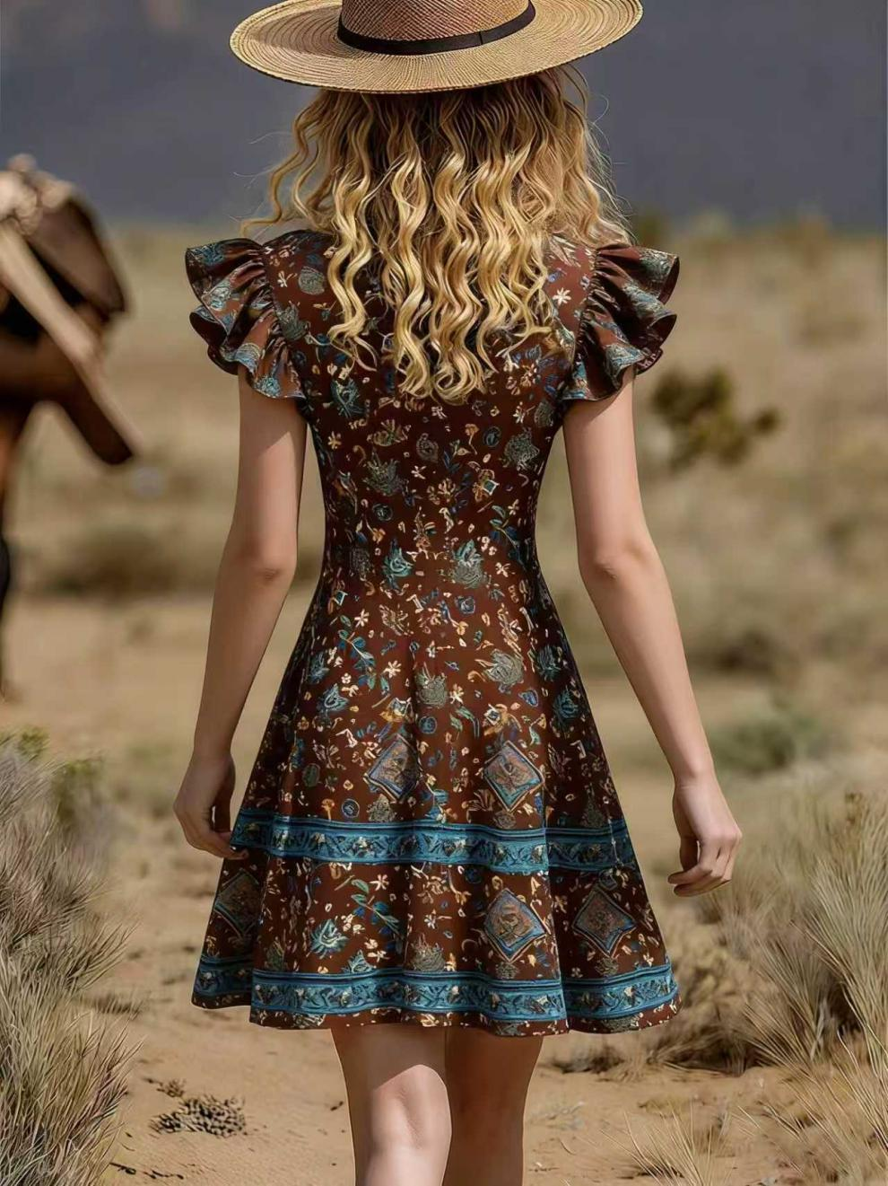 Braunes Boho-Minikleid: Ethno-Print & Rüschen in Hellblau-Türkis S-2XL