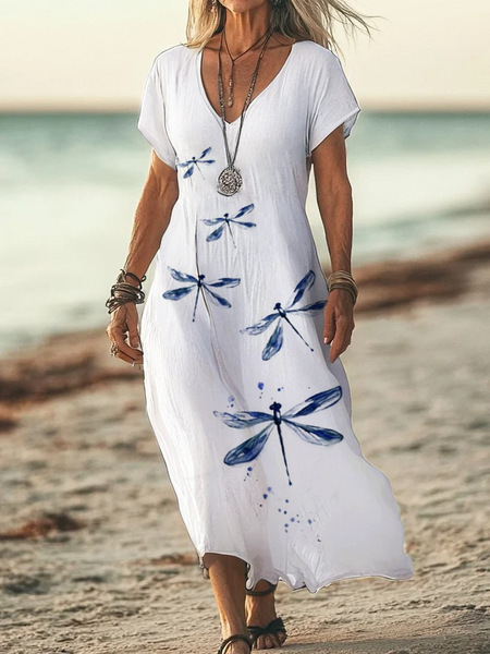 Boho Maxikleid Damen Weiß: Blau Libellen Print, V-Ausschnitt, S-3XL, Ganzjährig