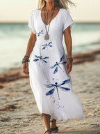 Boho Maxikleid Damen Weiß: Blau Libellen Print, V-Ausschnitt, S-3XL, Ganzjährig