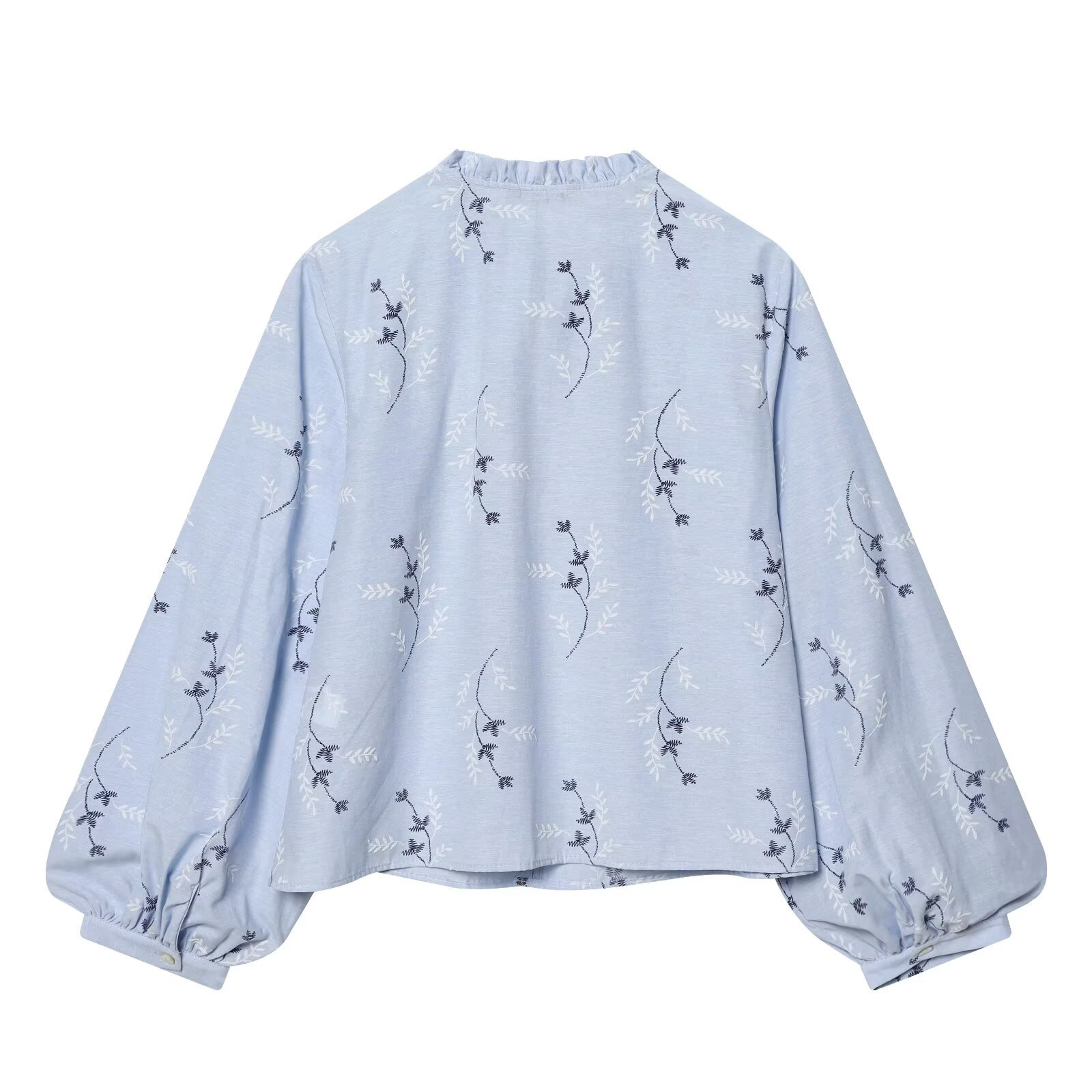 Hellblaue Bluse: Elegante Stickerei, Bindeband & lockere Ballonärmel S-L
