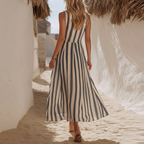 Blau-weiß gestreiftes Maxikleid: Boho Strandkleid mit V-Ausschnitt S-2XL
