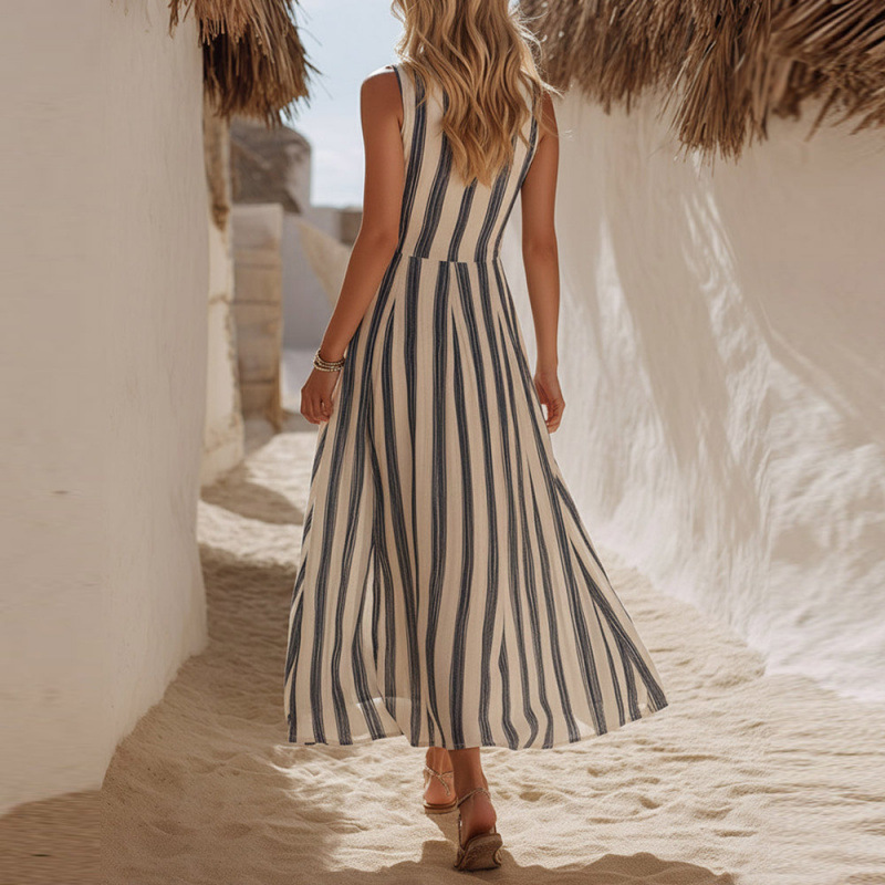 Blau-weiß gestreiftes Maxikleid: Boho Strandkleid mit V-Ausschnitt S-2XL