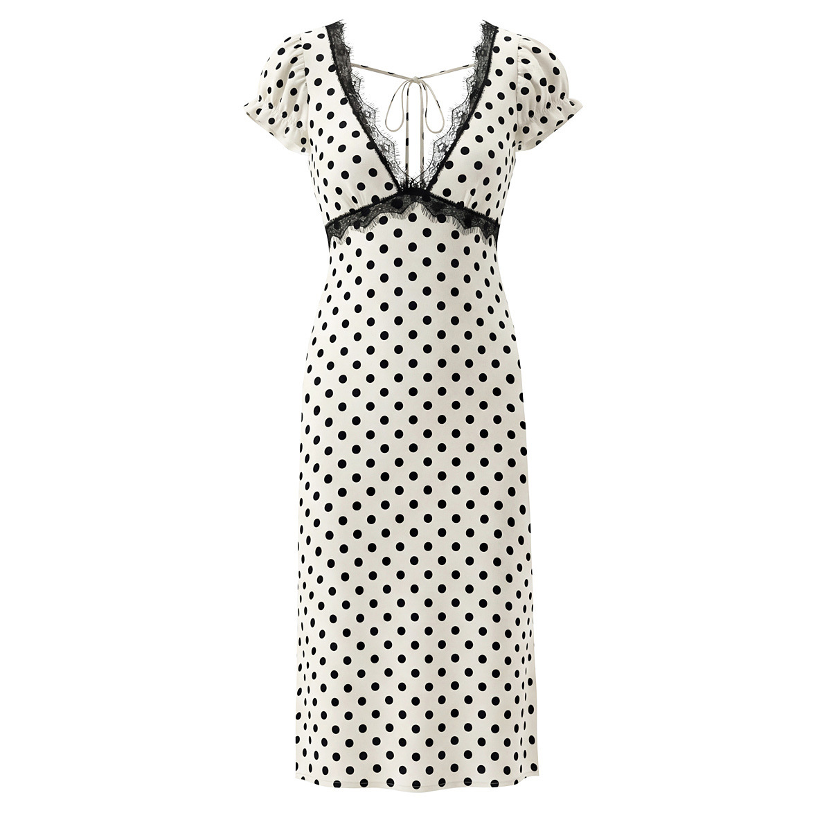 Weißes Polka-Dot-Kleid: Retro V-Ausschnitt, Spitze & Figurbetonte Form XS-L
