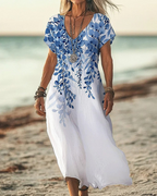 Boho Maxikleid Damen Weiß: Blau Floral Print, V-Ausschnitt, S-3XL, Ganzjährig