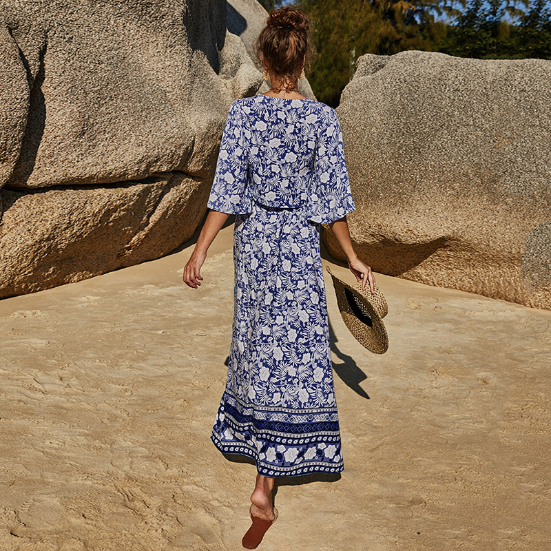 Boho Damen Sommer-Set Dunkelblau: Luftiger Zweiteiler mit Blumen-Print, V-Ausschnitt Crop Top & Maxirock mit Schlitz für Urlaub & Strand, Frühling/Sommer S-L