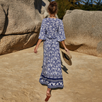 Boho Damen Sommer-Set Dunkelblau: Luftiger Zweiteiler mit Blumen-Print, V-Ausschnitt Crop Top & Maxirock mit Schlitz für Urlaub & Strand, Frühling/Sommer S-L
