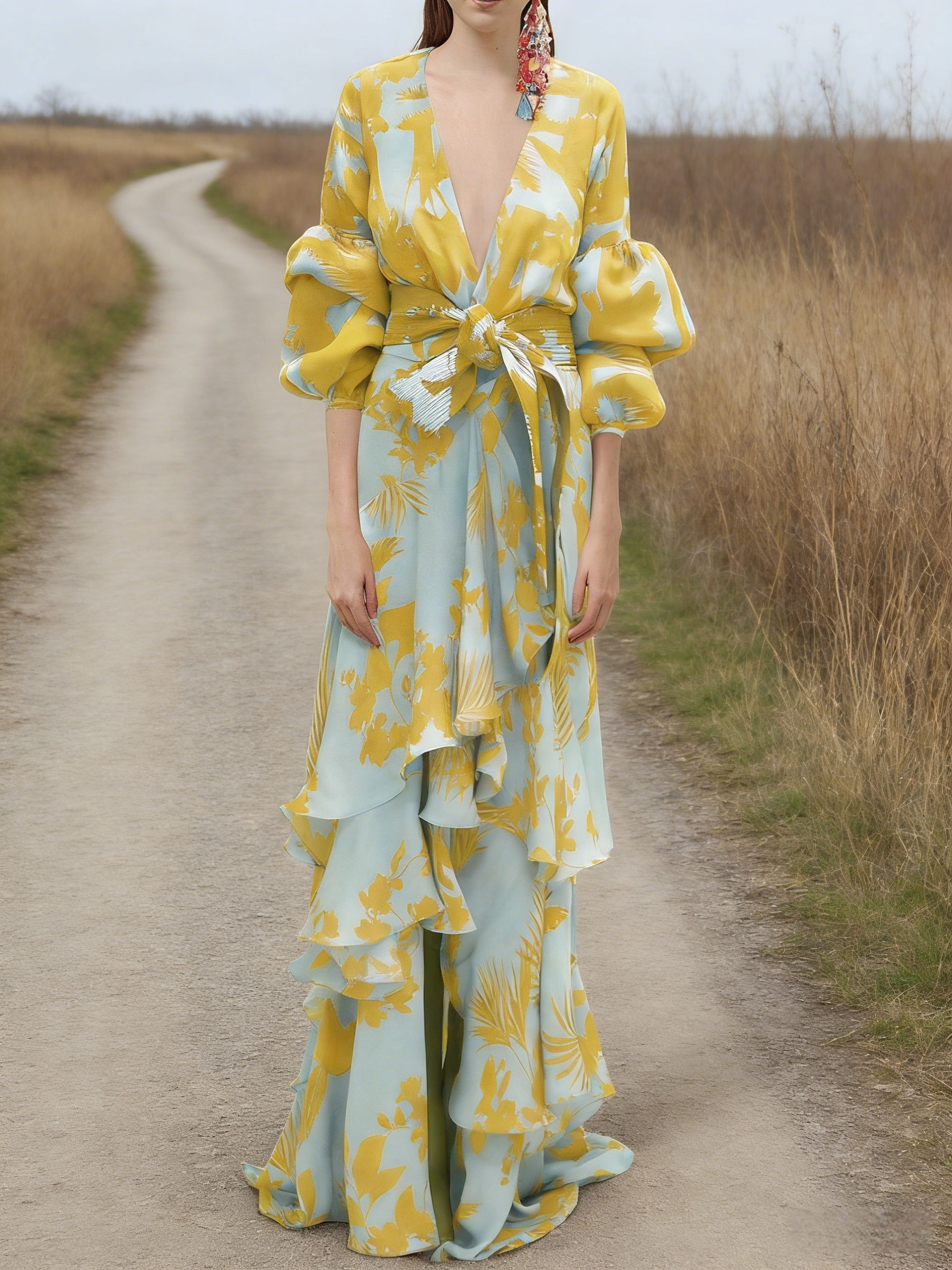 Damen Boho-Maxikleid Hellblau/Gelb: Elegantes Urlaubskleid mit Blumenprint & V-Ausschnitt, Asymmetrisches Volantkleid mit Bindegürtel, Frühling/Sommer S-2XL