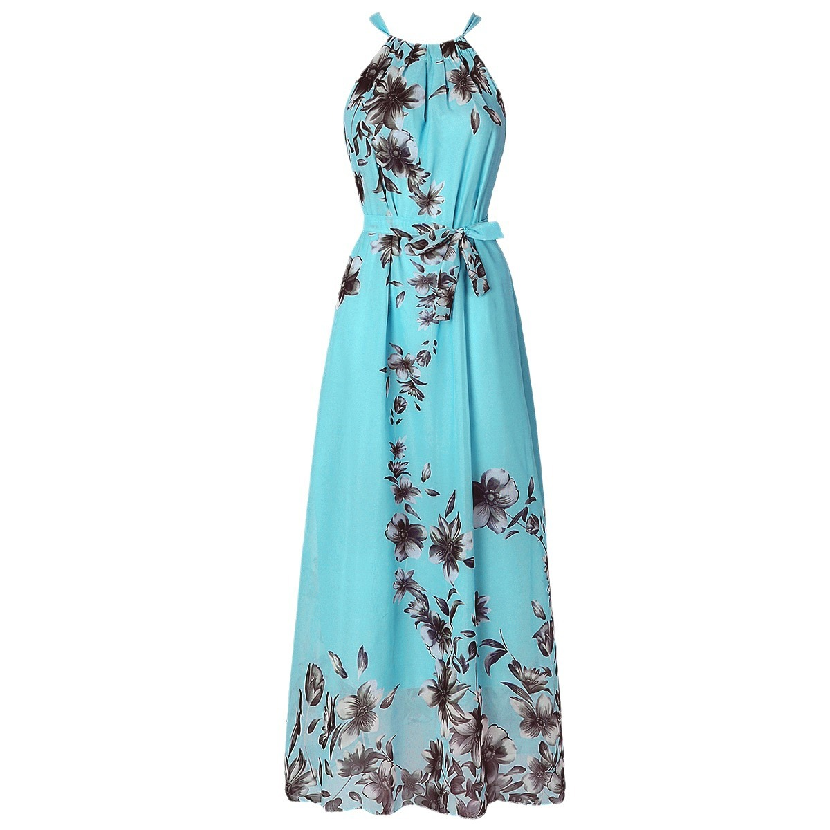 Hellblaues Boho-Maxikleid: Chiffon, Floral-Print, V-Ausschnitt & Urlaub S-5XL