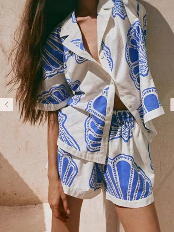 Hellblaues Boho Leinen Set: Kurzarm Hemd & Shorts, Sommer Zweiteiler S-2XL