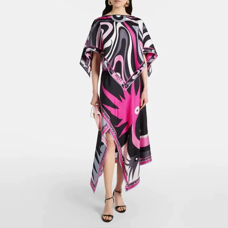 Schwarz-pinkes Set: Cape-Top & asymmetrischer Rock mit Grafik-Print S-2XL