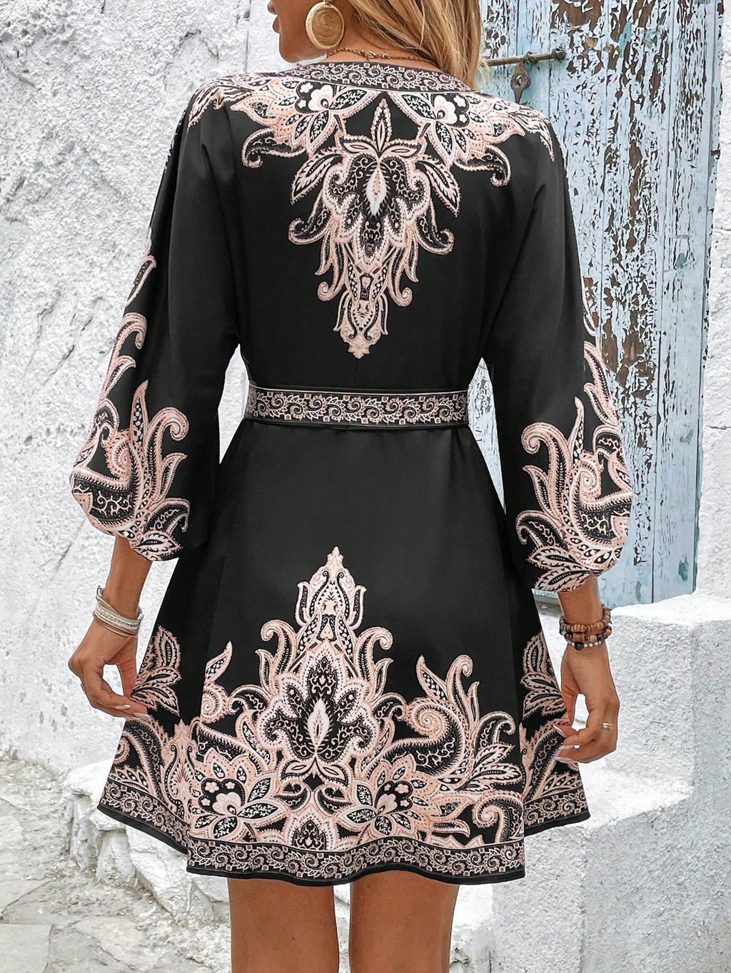 Damen Boho Kleid Schwarz: Elegantes V-Ausschnitt Paisley Printkleid, Tailliertes A-Linie Sommerkleid mit 3/4 Ärmeln für Freizeit & Urlaub S-2XL