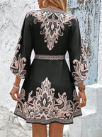 Damen Boho Kleid Schwarz: Elegantes V-Ausschnitt Paisley Printkleid, Tailliertes A-Linie Sommerkleid mit 3/4 Ärmeln für Freizeit & Urlaub S-2XL