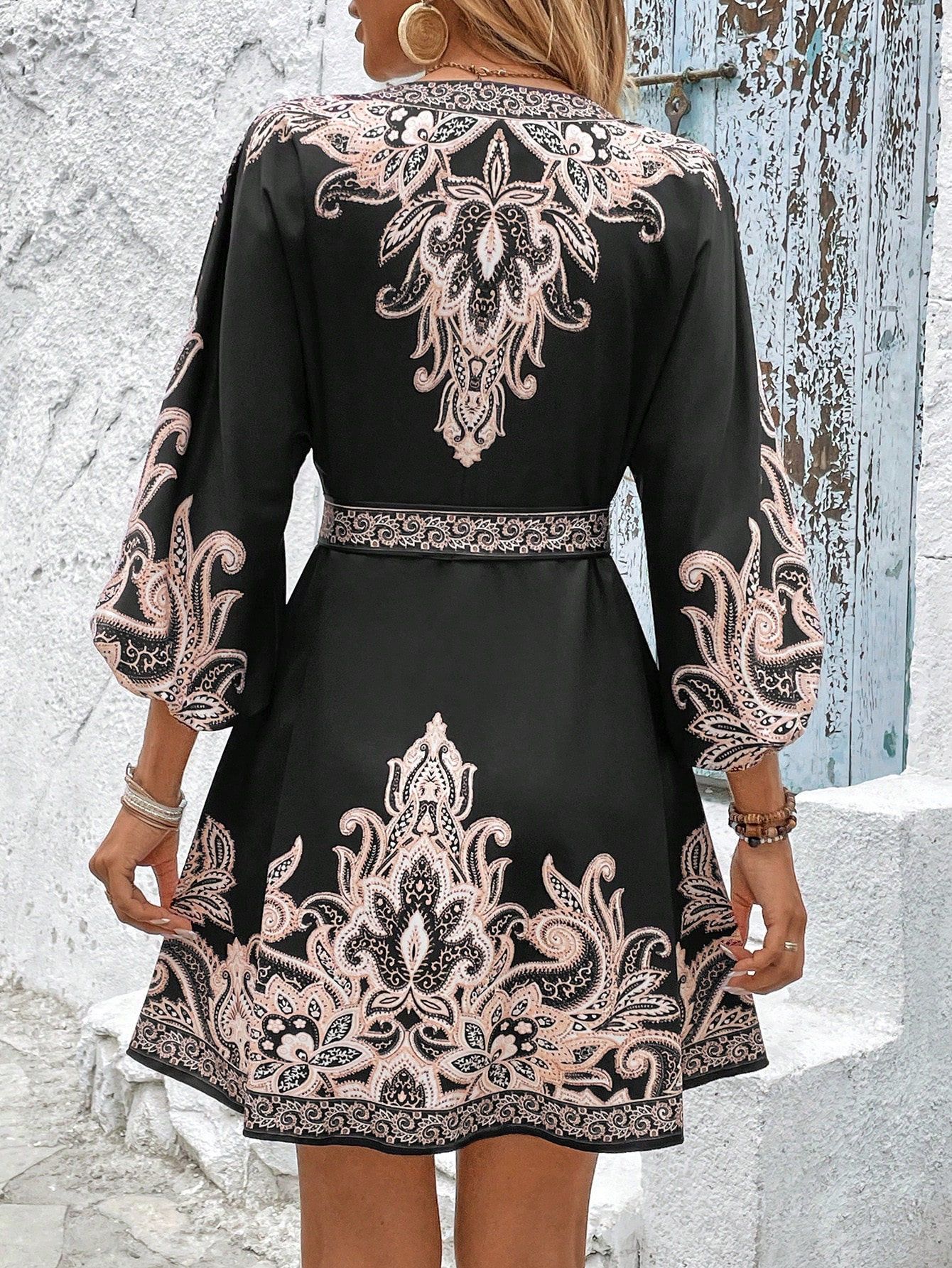 Damen Boho Kleid Schwarz: Elegantes V-Ausschnitt Paisley Printkleid, Tailliertes A-Linie Sommerkleid mit 3/4 Ärmeln für Freizeit & Urlaub S-2XL
