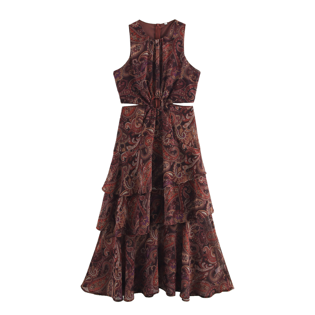 Braunes Boho-Maxikleid: Paisley-Print, Cut-outs & Stufen-Look, Chiffon XS-L