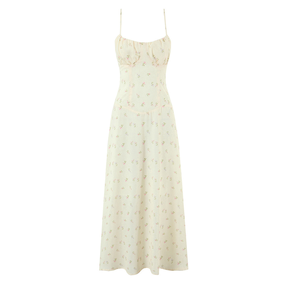 Hellgelbes Maxikleid: Blumenmuster, Kordelzug & Spaghetti-Träger XS-L