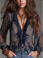 Damen Bluse Royalblau: Paisley-Muster, V-Ausschnitt & Rüschen, Chiffon S-2XL