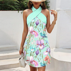 Mintgrünes Neckholder-Kleid: Floraler Print & Vögel für den Sommer S-2XL