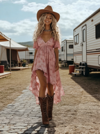 Damen Boho Sommerkleid Rosa: Elegantes V-Ausschnitt Minikleid mit Blumenprint, Retro Western-Look Vokuhila Kleid mit Puffärmeln & Volants, Modisches Festival-Outfit für Urlaub & Party S-XL