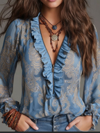 Damen Bluse Hellblau: Paisley-Muster, V-Ausschnitt & Rüschen, Chiffon S-2XL