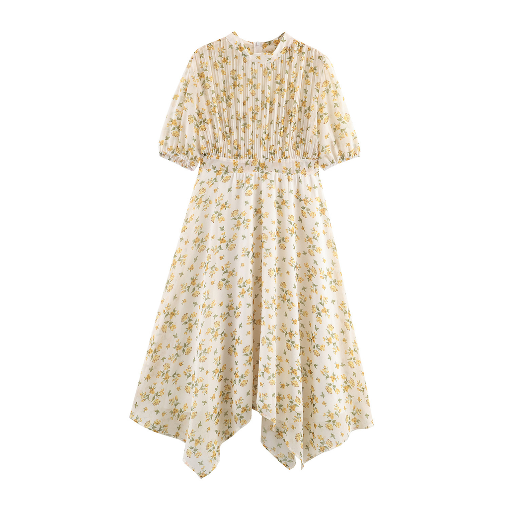 Braunes Midi-Kleid: Blumenmuster, Stehkragen & Asymmetrisches Plissee XS-L