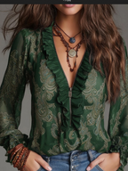 Damen Bluse Grün: Paisley-Muster, V-Ausschnitt & Rüschen, Chiffon-Look S-2XL
