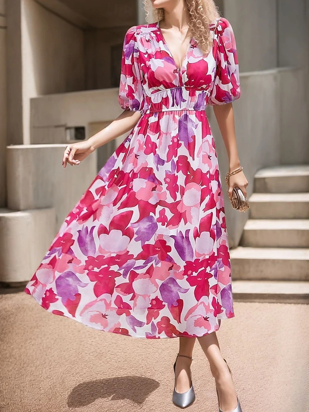 Pinkes Boho-Maxikleid: V-Ausschnitt & Blumendruck für den Sommer 2026 S-2XL