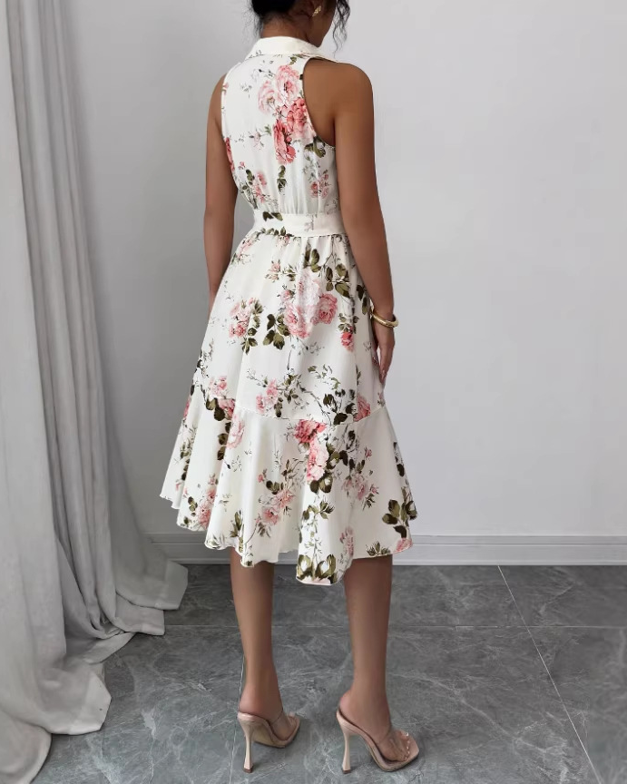 Damen Sommerkleid Cremeweiß: Elegantes Midikleid mit Rosen-Print & Reverskragen, Figurbetontes A-Linien Kleid mit Bindegürtel & Volants für Urlaub & Gartenparty S-XL