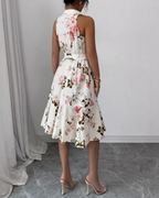 Damen Sommerkleid Cremeweiß: Elegantes Midikleid mit Rosen-Print & Reverskragen, Figurbetontes A-Linien Kleid mit Bindegürtel & Volants für Urlaub & Gartenparty S-XL
