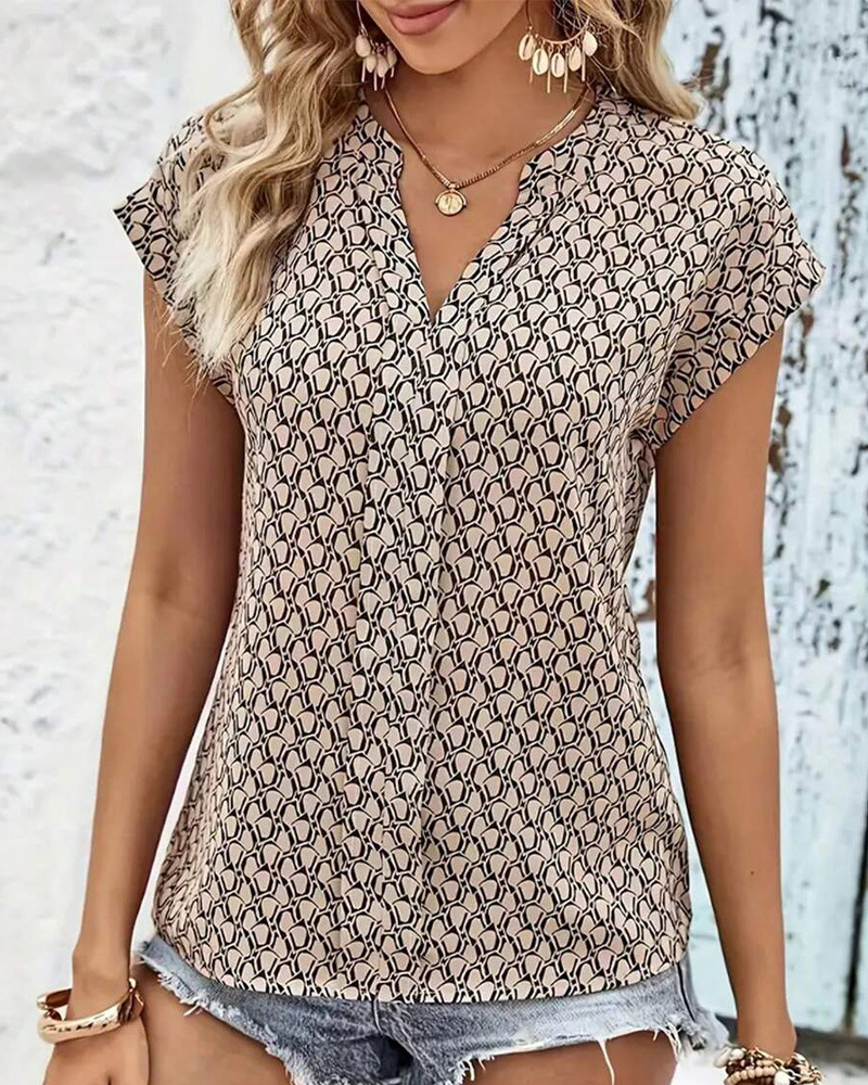 Damen Bluse Beige: Elegantes V-Ausschnitt Oberteil mit Print, Kurzarm Casual Tunika für Sommer, Schwarz Geometrisches Muster, Chic S-3XL