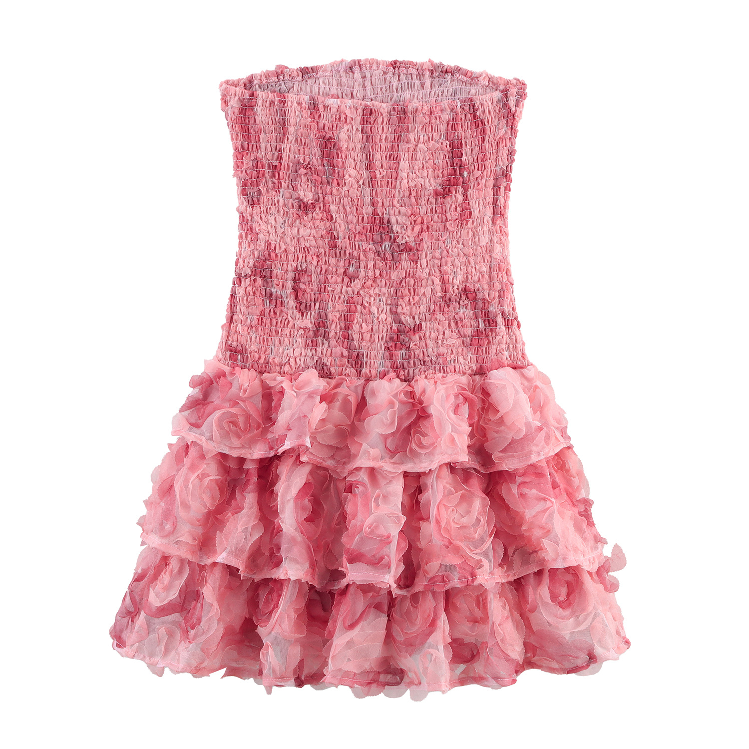 Rosa Bustier-Minikleid mit 3D-Blumen: Elegantes Stufenkleid, Party XS-L