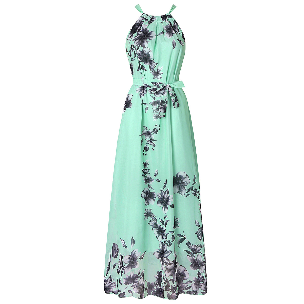 Hellgrünes Boho-Maxikleid: Chiffon, Floral-Print, V-Ausschnitt & Urlaub S-5XL