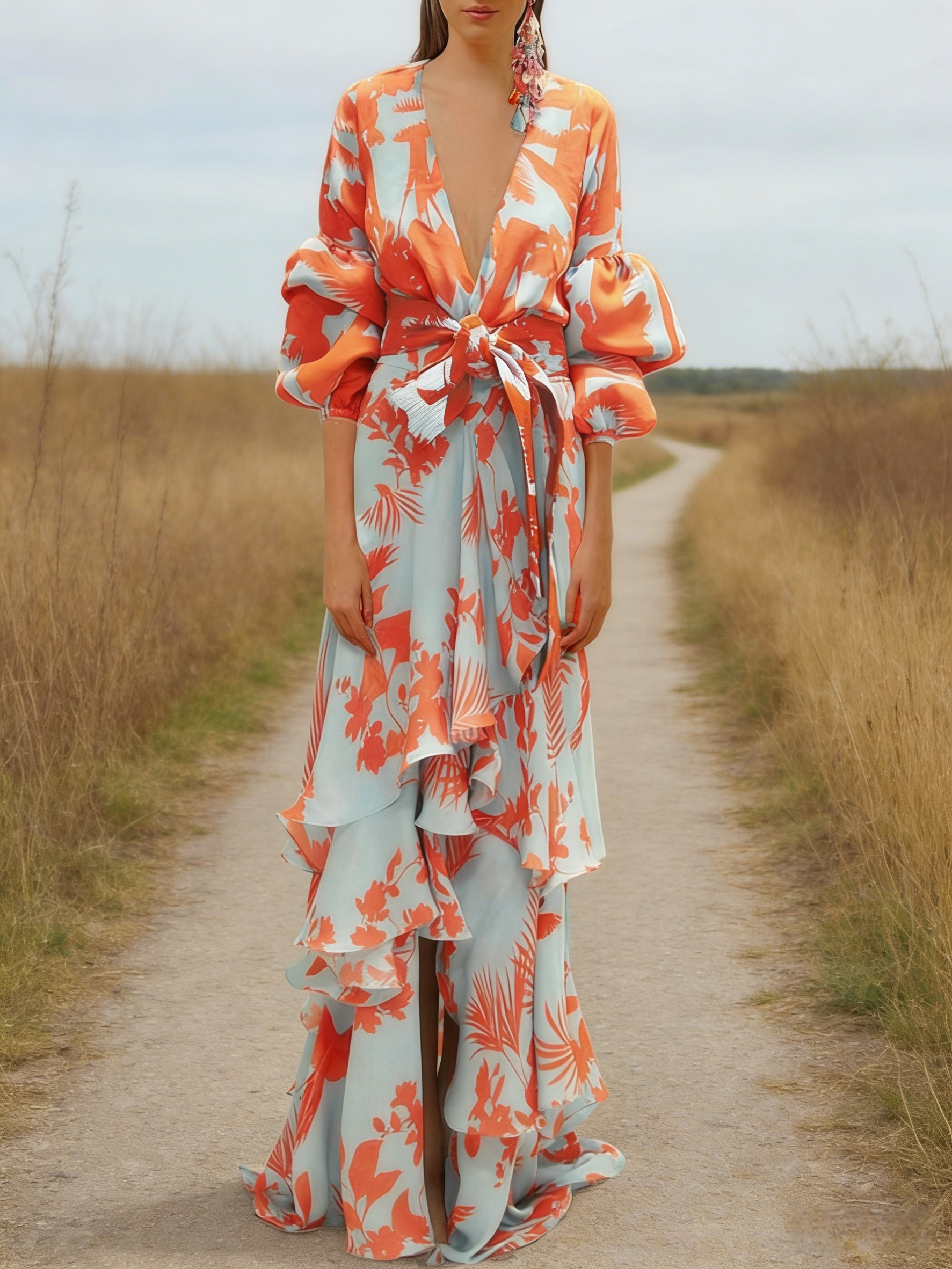 Damen Boho-Maxikleid Hellblau/Orange: Elegantes Urlaubskleid mit Tropen-Print & V-Ausschnitt, Asymmetrisches Volantkleid mit Bindegürtel, Frühling/Sommer S-2XL