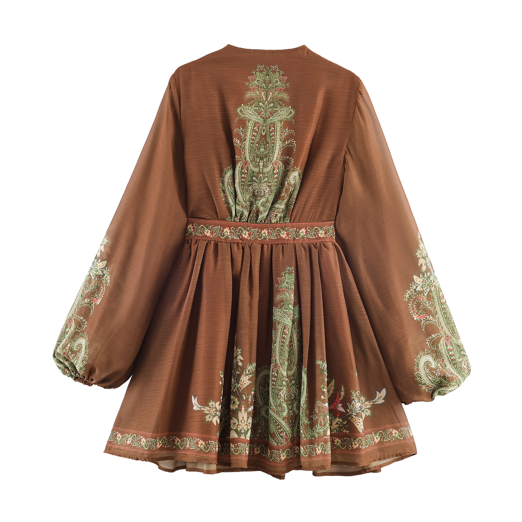 Braunes Boho-Minikleid: Ethno-Print, V-Ausschnitt & Luftiger Chiffon S-XL