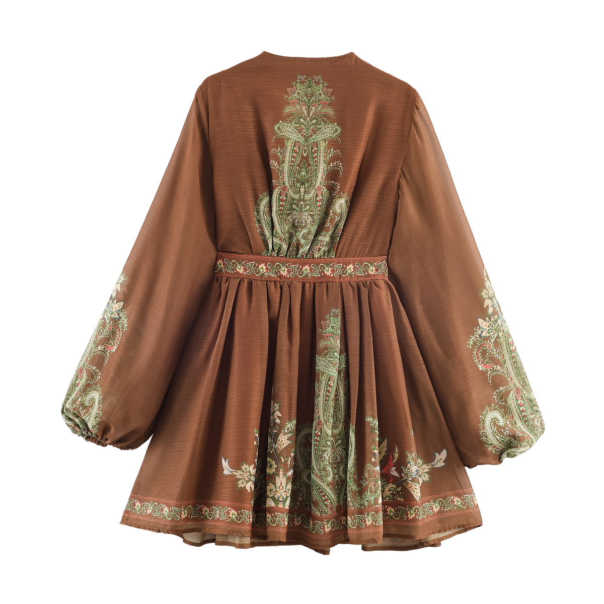 Braunes Boho-Minikleid: Ethno-Print, V-Ausschnitt & Luftiger Chiffon S-XL